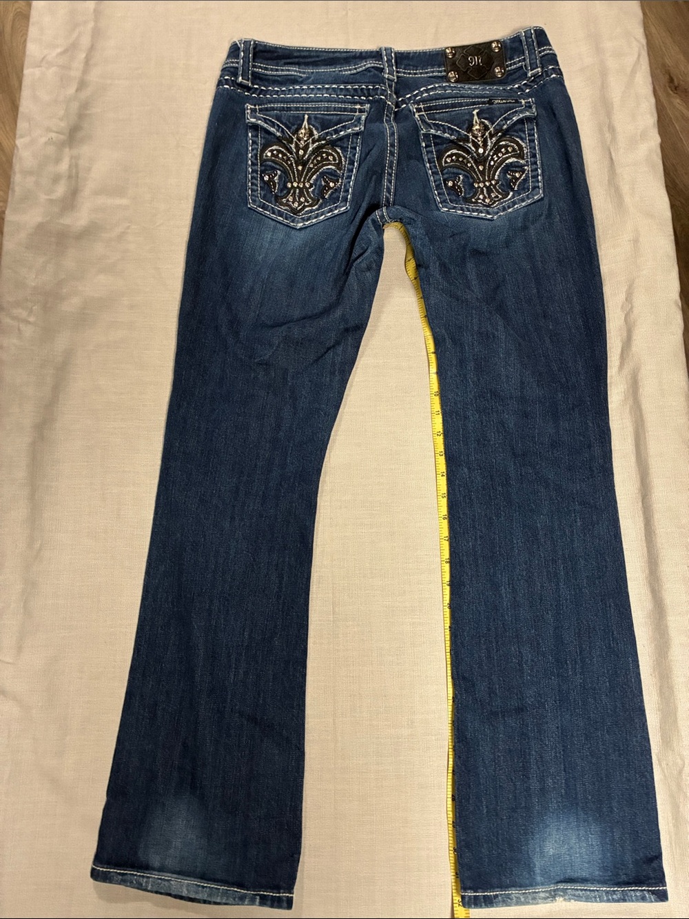 Miss Me Women’s Fleur-Di-Lis Dark Blue Women's Bootcut Jeans, JE5075B2L, 32/33